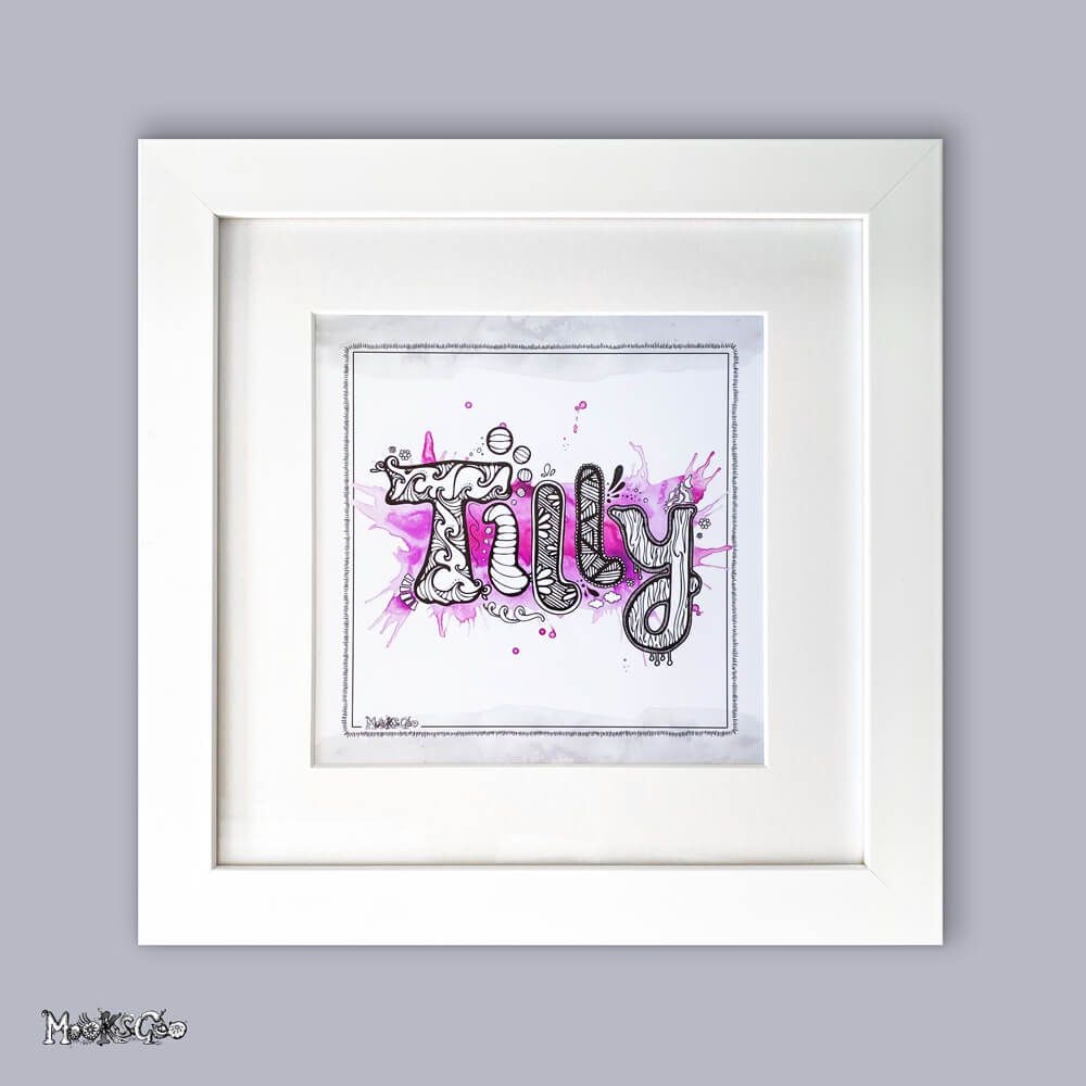 Personalised bespoke illustrated children's name in a funky unique typographic style, with pastel purples and the name Tilly. Designed by MooksGoo