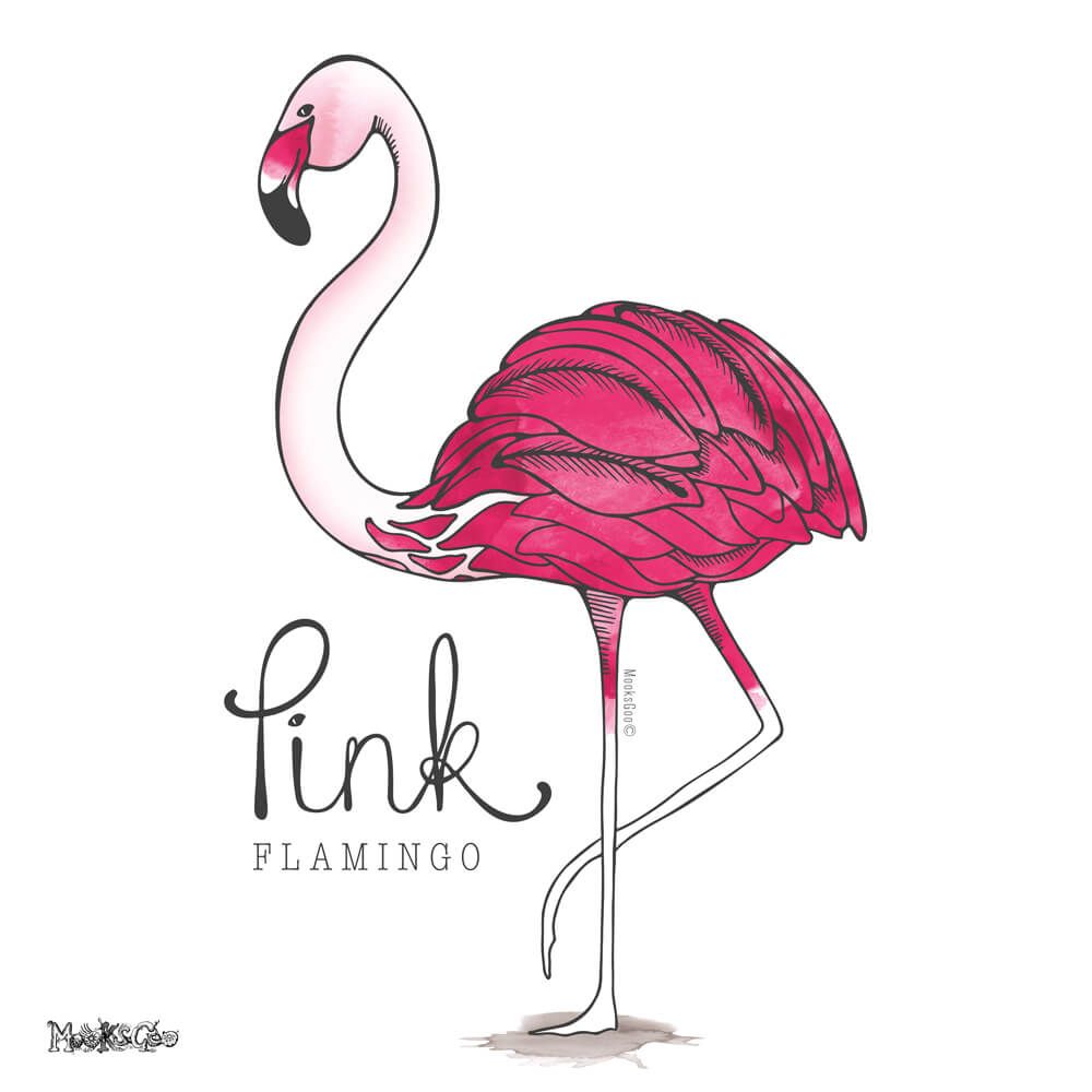 Quirky illustrated pink flamingo bird, with vibrant pink cerise pink feathers. Hand written font says 'pink'. Designed by MooksGoo