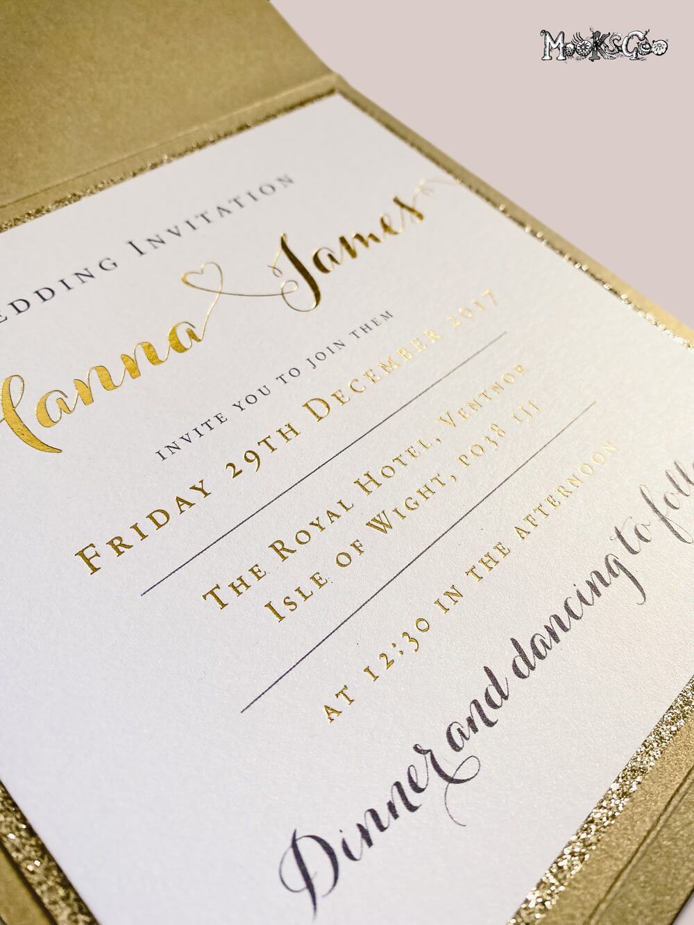 Gold foiled embossed wedding invitation, designed by MooksGoo