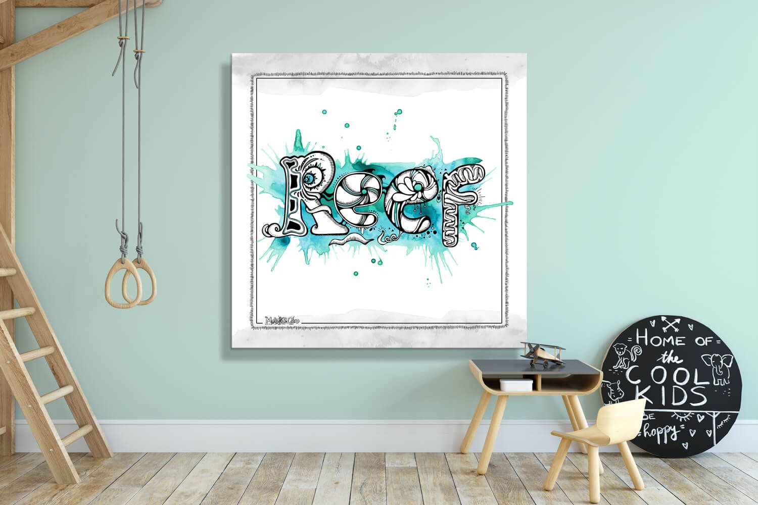 Personalised illustrated children's name wall art poster print, with the name Reef. Coloured with bright turquoise and sea greens, with a splashy watercolour background. Designed by MooksGoo.