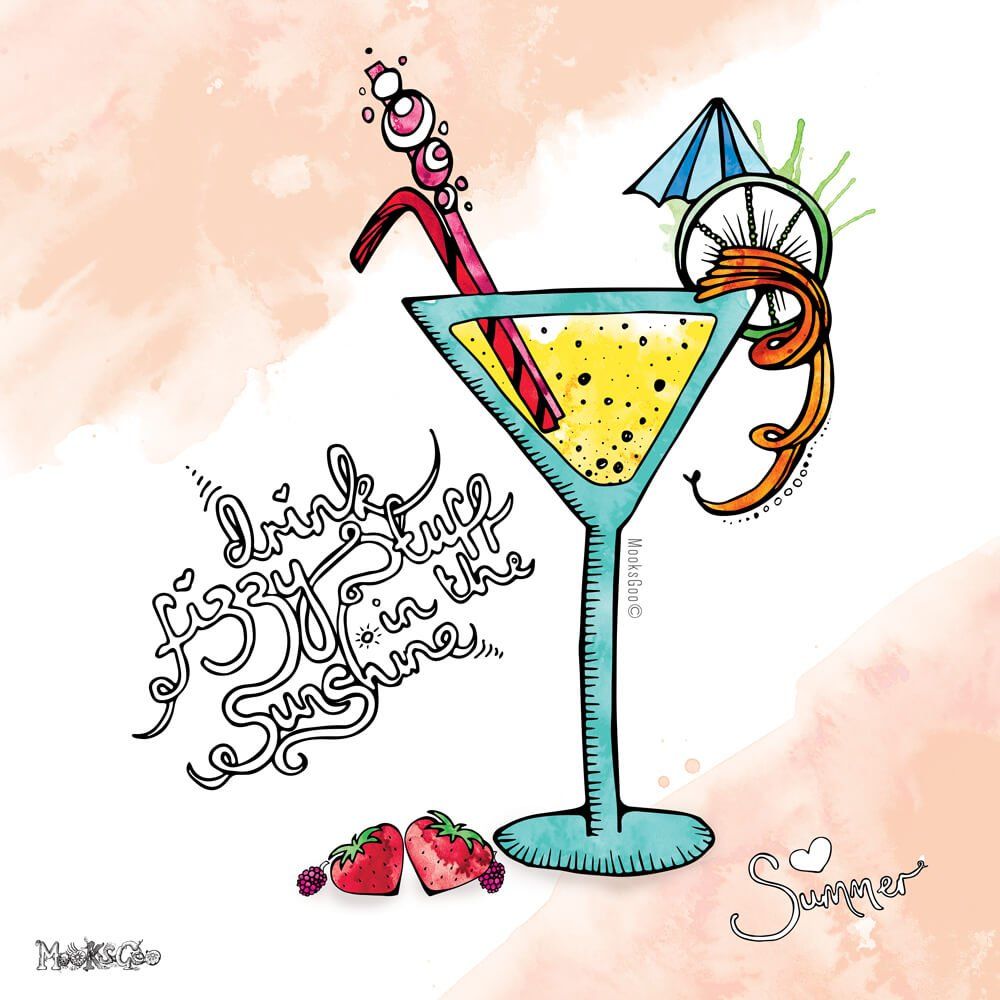 Fizzy Stuff In The Sunshine is a bespoke illustration of a fun summer cocktail glass filled with a fizzy drink, a bendy bamboo straw, mini blue umbrella and delicious strawberries. Designed by MooksGoo