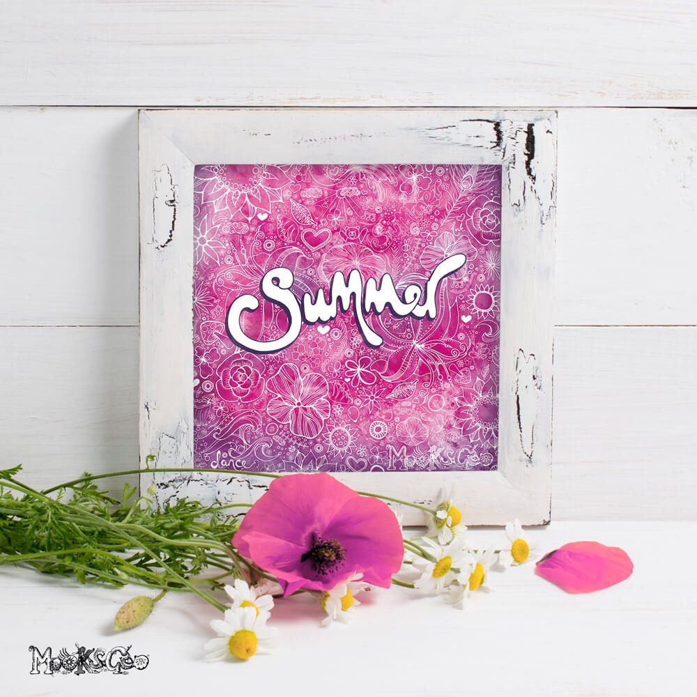 Funky and bright bespoke summer theme pattern, with sunflowers, hearts, roses, typography, and butterflies, on a pink textured watercolour background, illustrated by MooksGoo.
