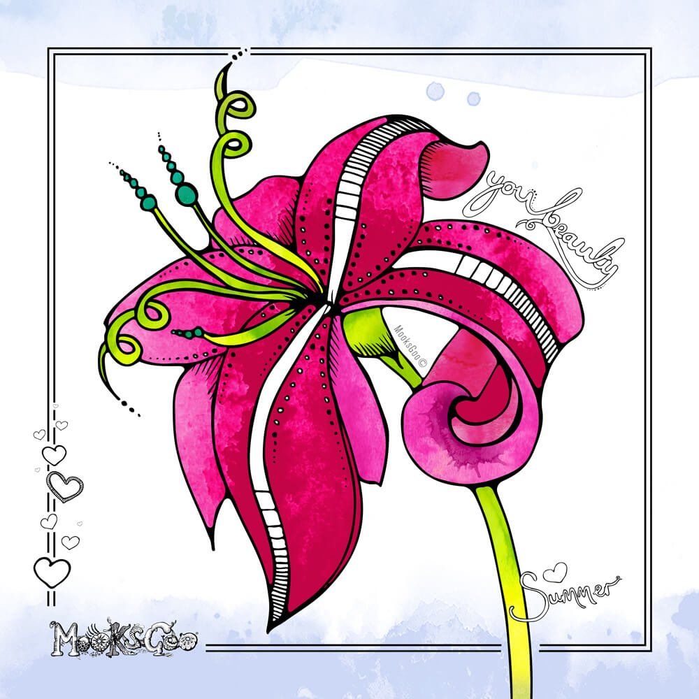 Cerise vibrant pink open blooming lily with lime green curly stems with 'heart summer', hand illustration and watercolours by MooksGoo.