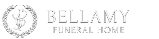 Bellamy Funeral Home logo with laurel wreath and initials on a light background