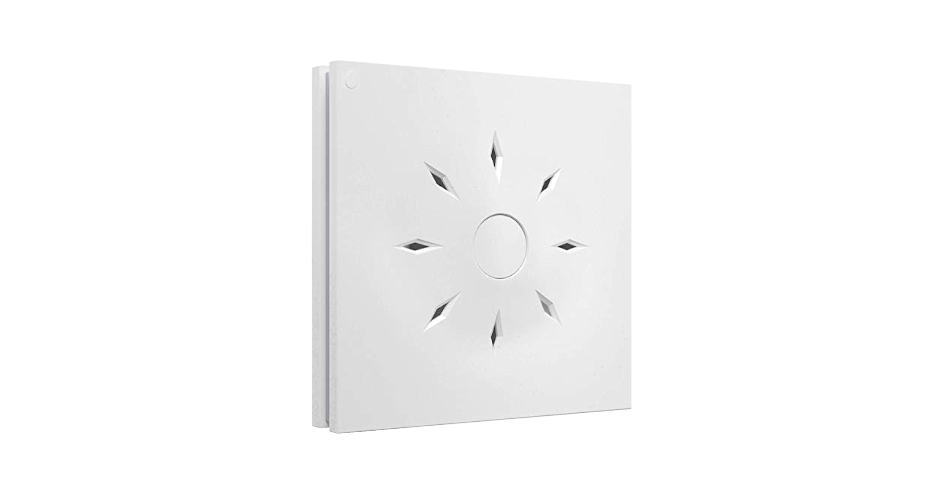 White, square smart home device with radiating light design.