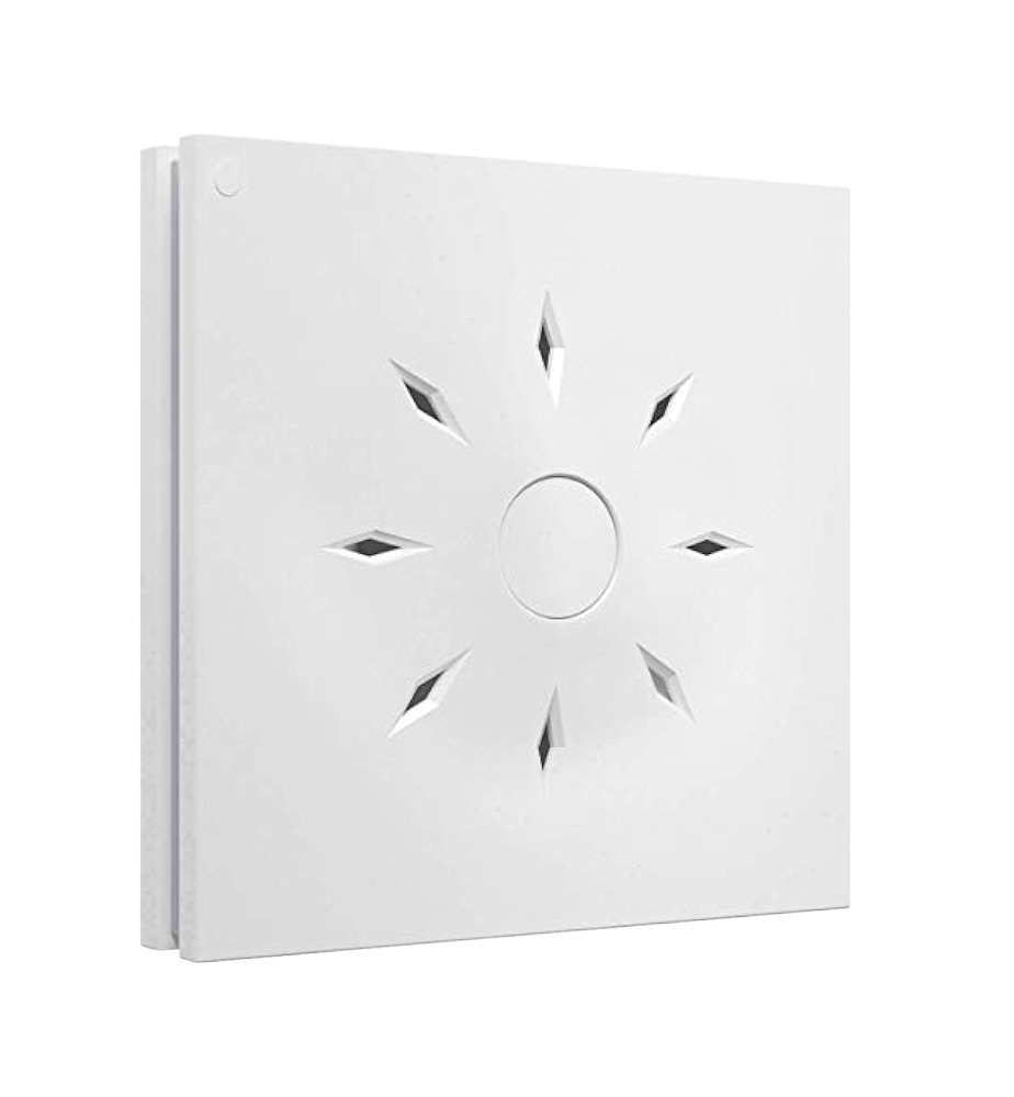 White, square ceiling vent with sunburst-shaped cutouts around a central, circular button.