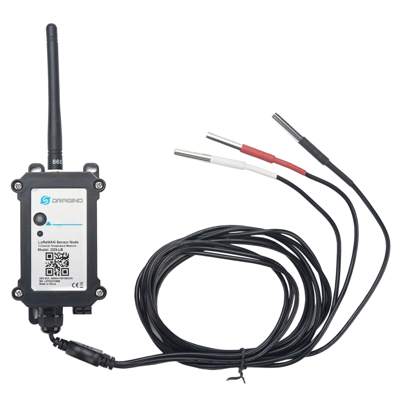Wireless temperature sensor with three probes and an antenna.
