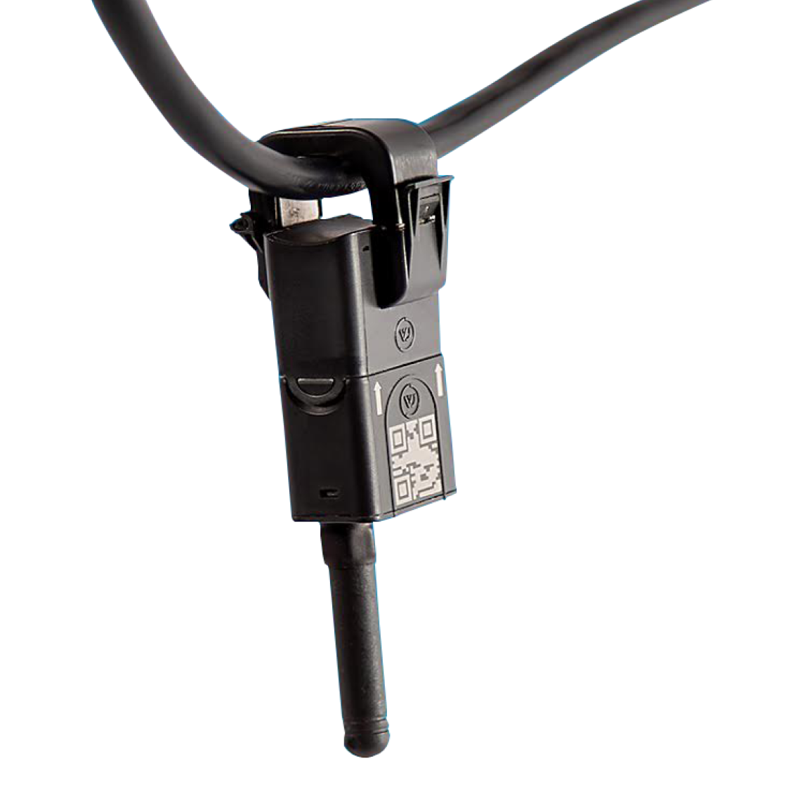 Black device clipped to a black cable, with an antenna extending downward.