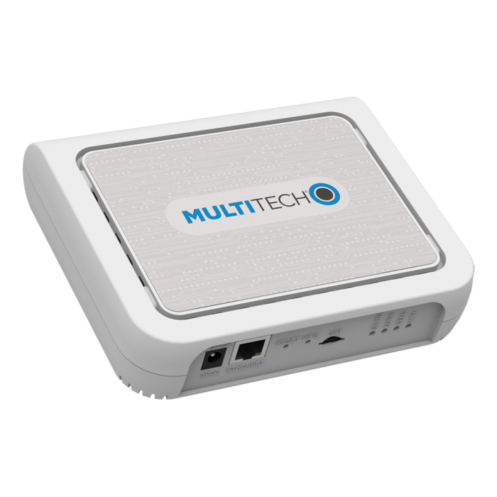 White MultiTech cellular router with a light gray top panel.