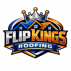 Flip Kings Roofing logo with a crown, house roof, and bold blue, orange, and white text