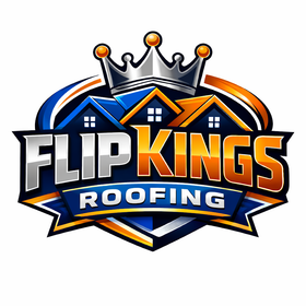 Flip Kings Roofing logo with a crown, house roof, and bold blue, orange, and white text