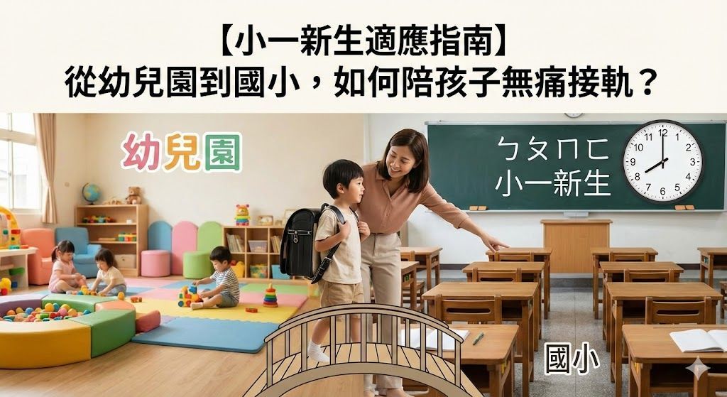 幼兒園到小學的過渡指南。教室裡有男孩和老師，旁邊是橋樑圖示。