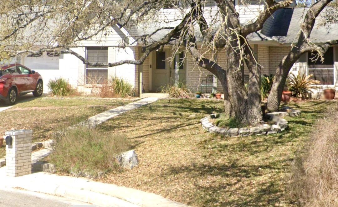 A hose is connected to a tree in the backyard of a house .
