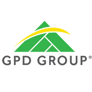 The logo for gpd group is a green triangle with a yellow arrow.