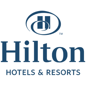 The logo for hilton hotels and resorts is blue
