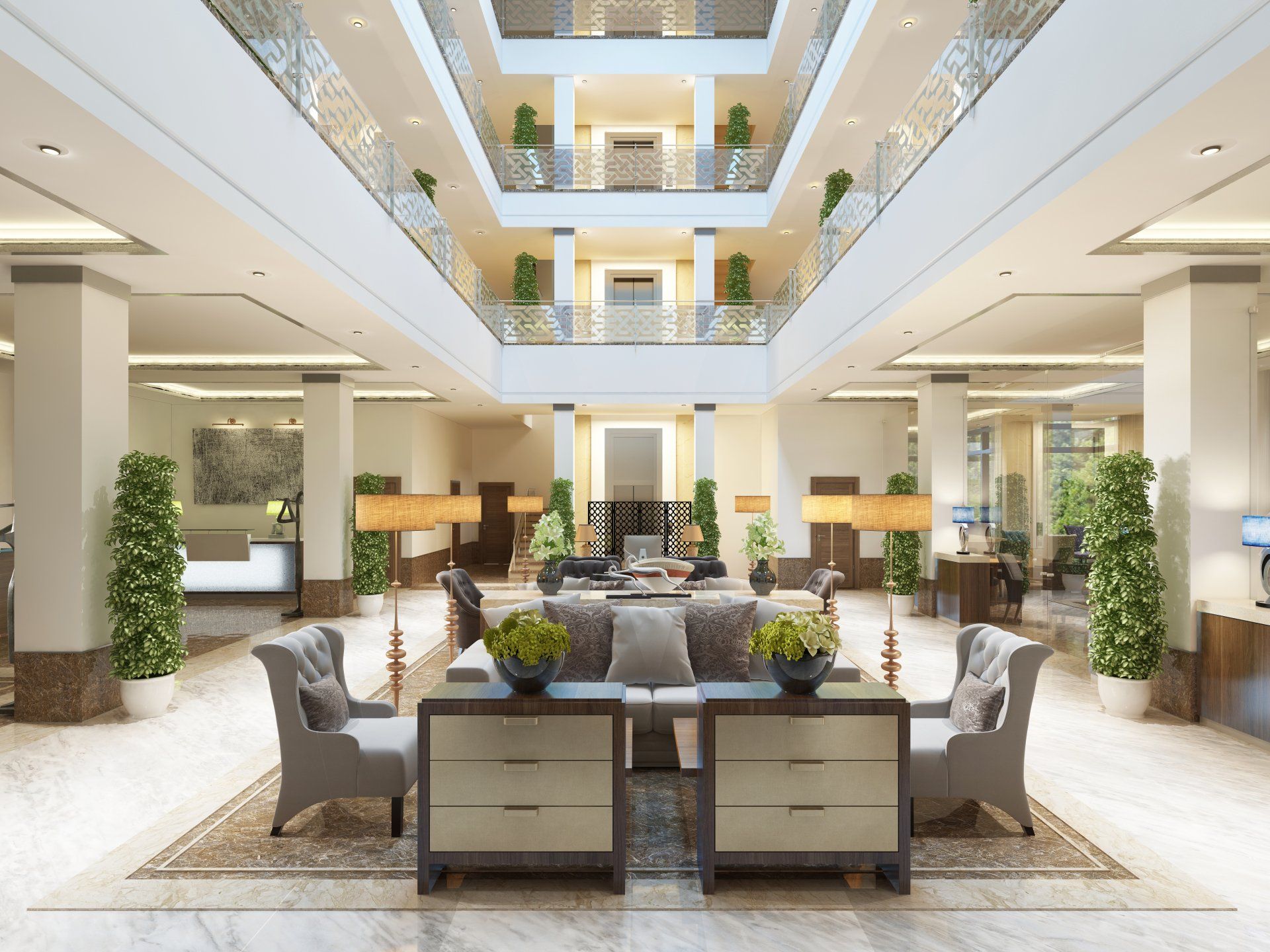 An artist 's impression of a hotel lobby with lots of furniture