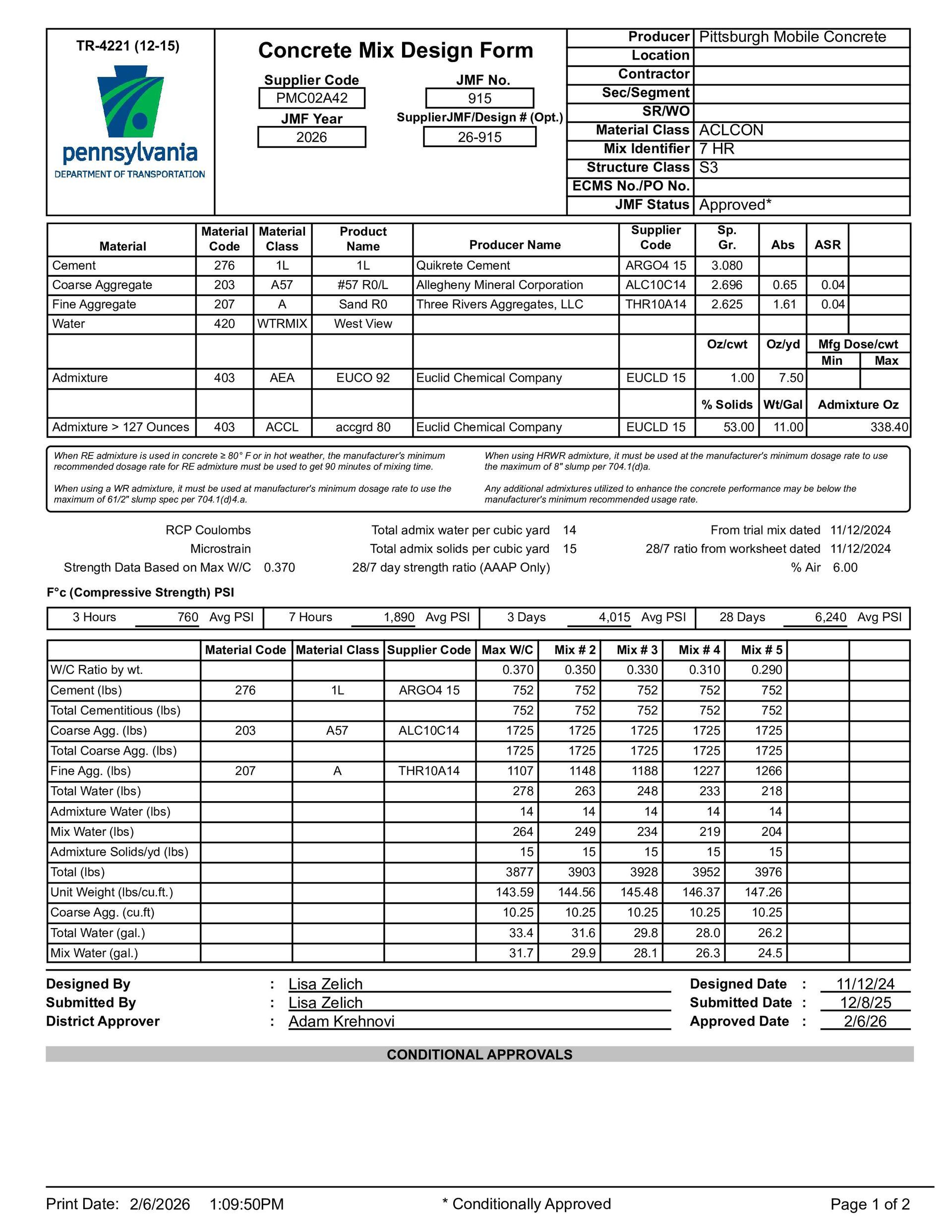 Concrete mix design form with tables, data entry fields, and a logo for the 