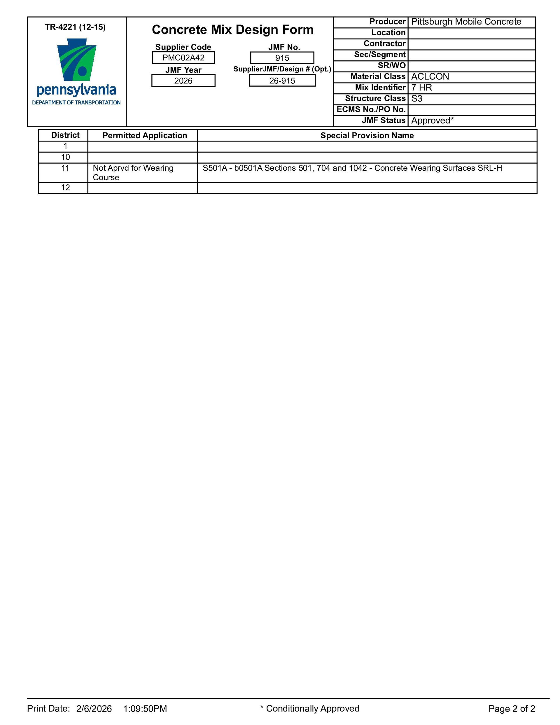 Concrete Mix Design Form. A document with sections for mix information and test results.