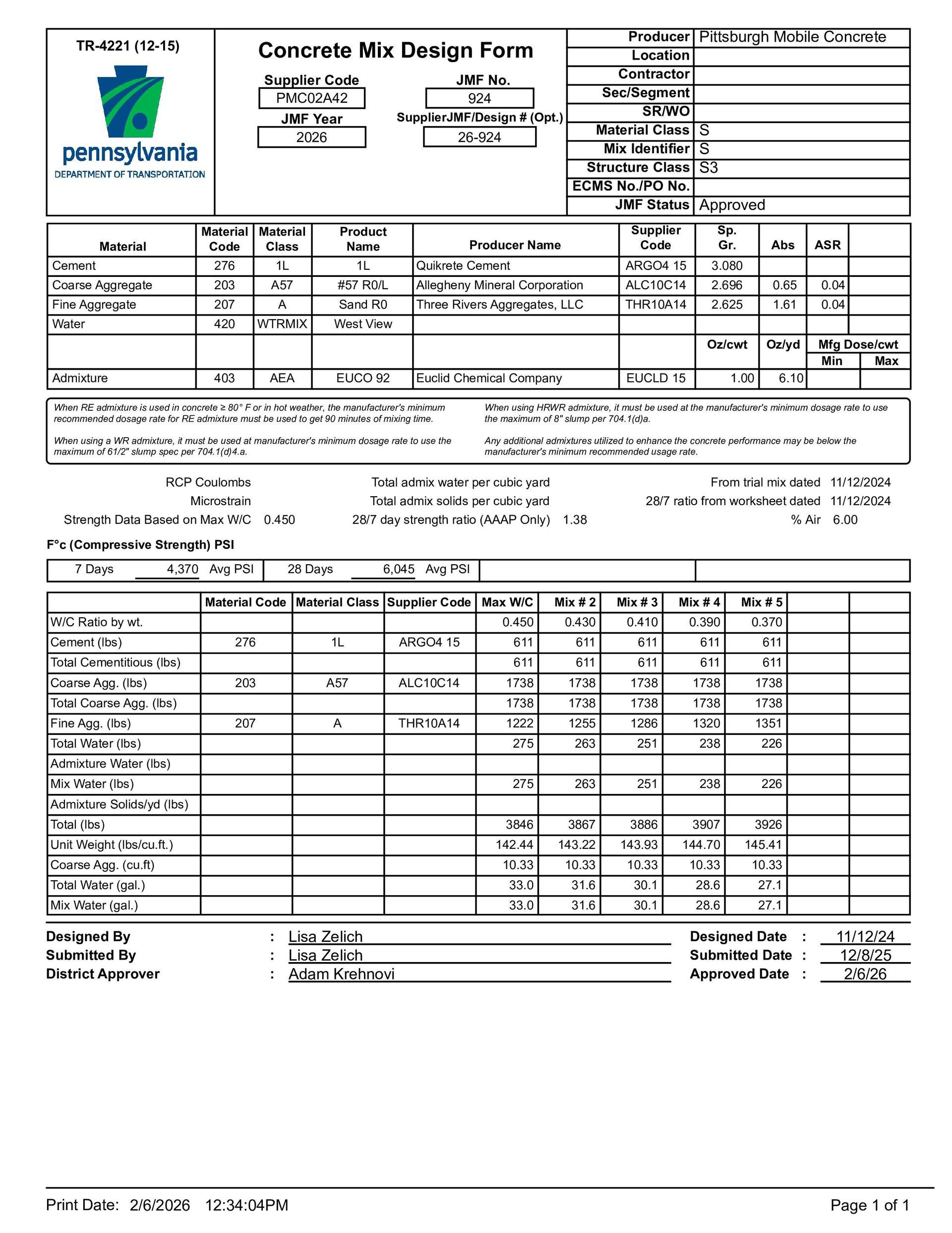 Concrete mix design form with multiple fields and data entry sections.