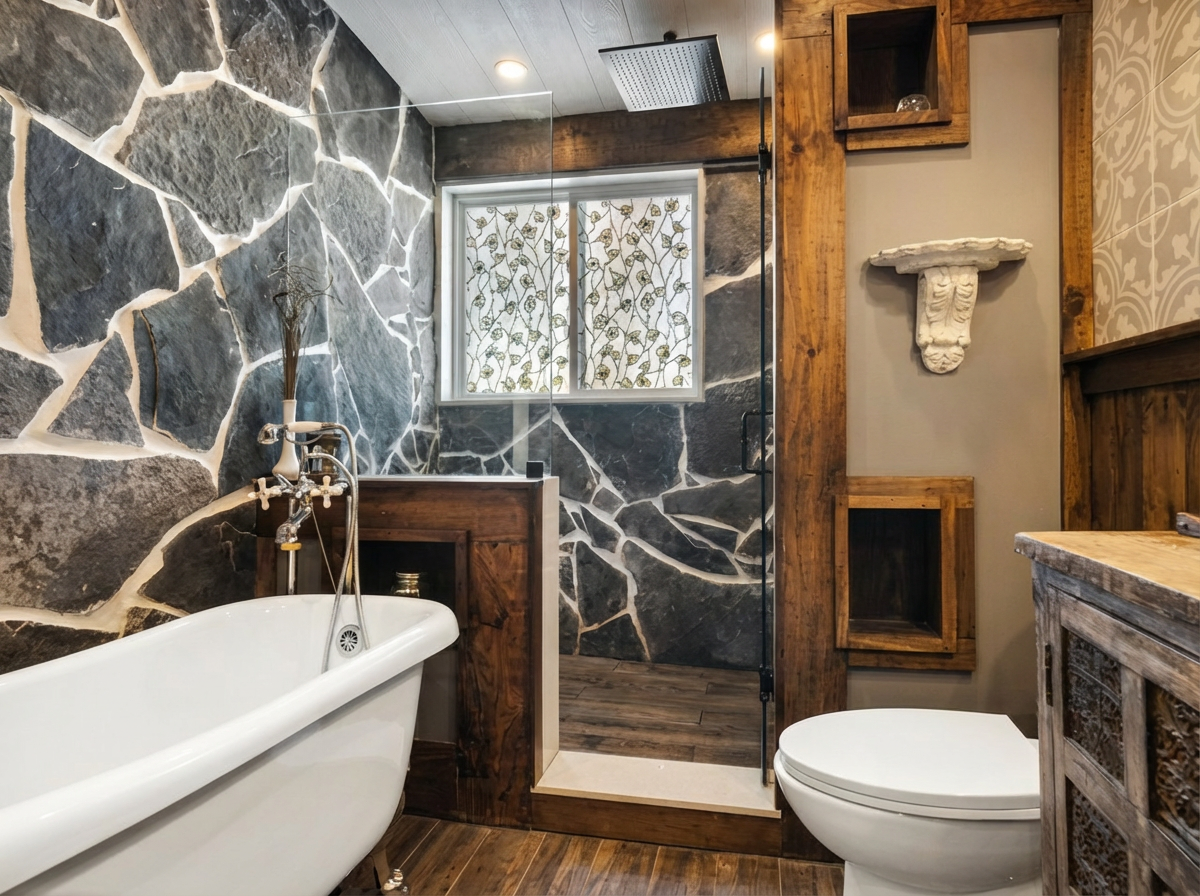 Modern rustic bathroom with stone walls, freestanding tub, glass shower, and toilet