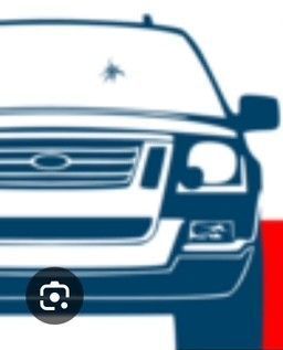 Blue and white illustration of a Ford Explorer SUV; partially obscuring a red and white flag.