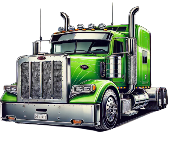 Green Peterbilt semi-truck with chrome accents, parked on a white background.