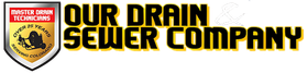 Logo for Our Drain Sewer Company, featuring a golden shield icon with a drain-cleaning tool and the company name.