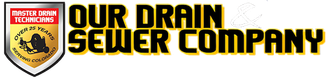 Logo for Our Drain Sewer Company, featuring a golden shield icon with a drain-cleaning tool and the company name.