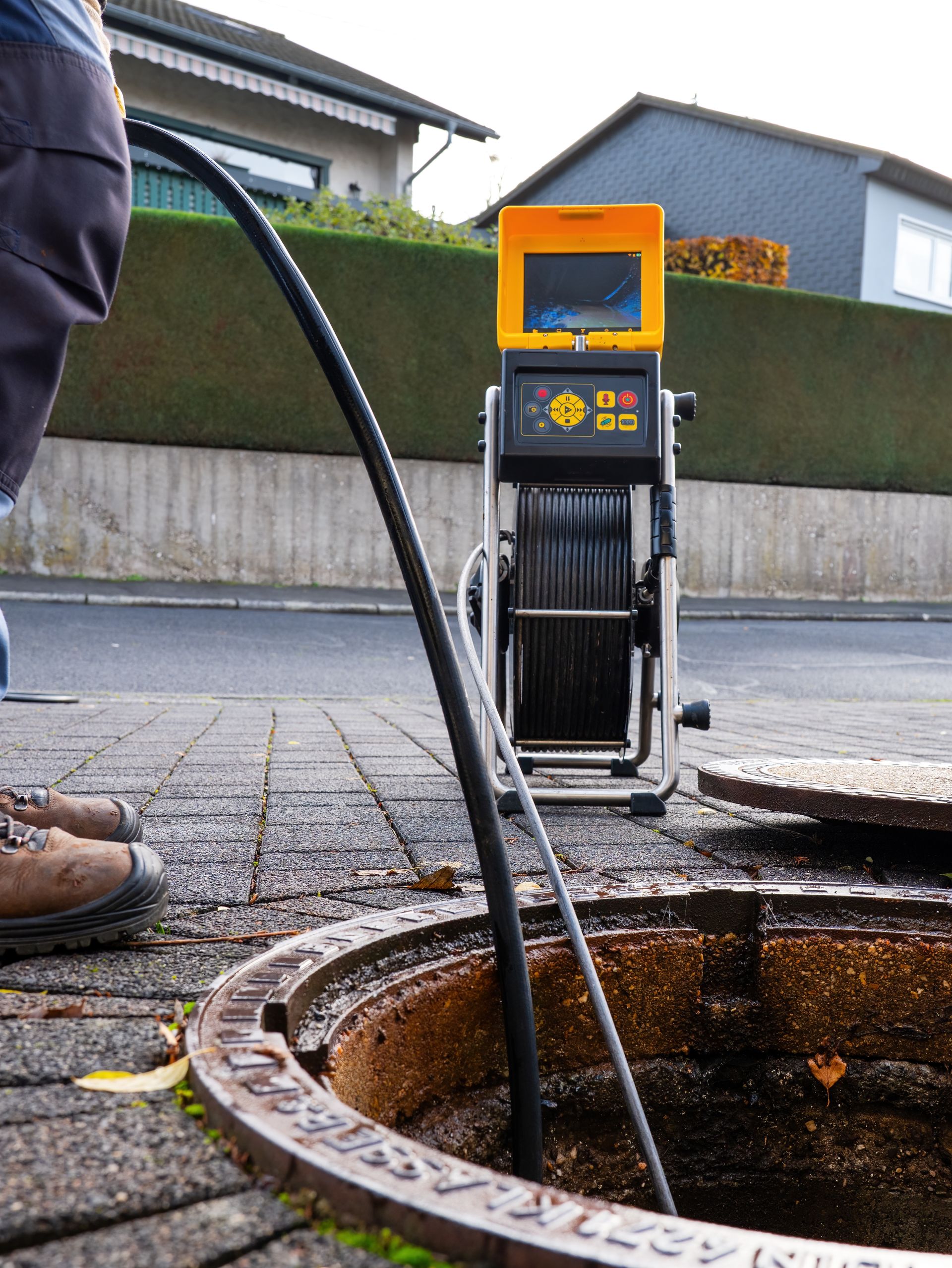 Open manhole with a sewer inspection camera rig on a street, with hoses and cables