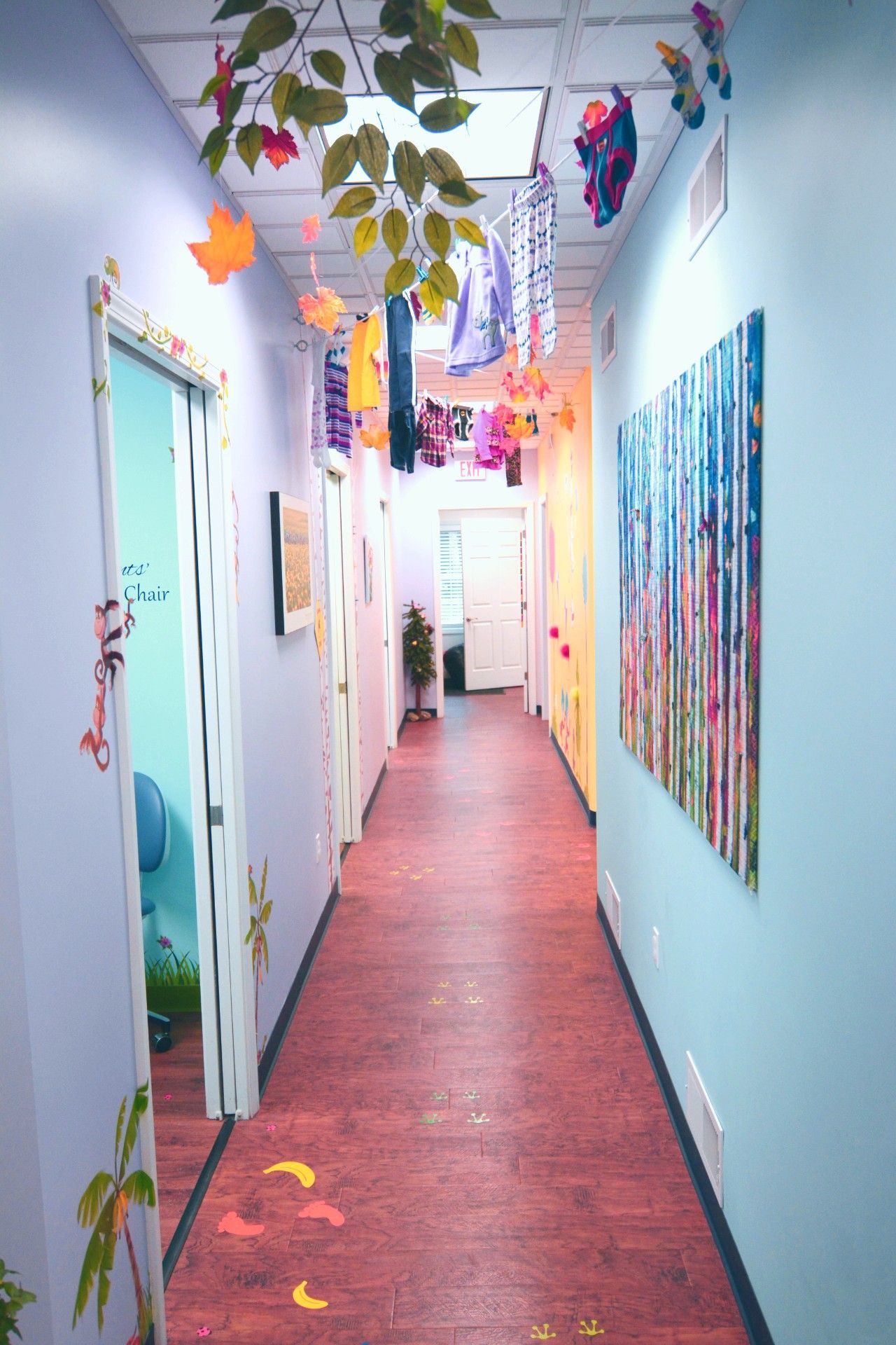 Narrow hallway with colorful wall art, hanging plants, and a red carpet floor