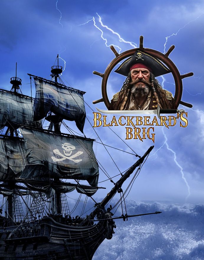 Pirate ship under stormy skies with Blackbeard’s Brig logo and lightning in the background