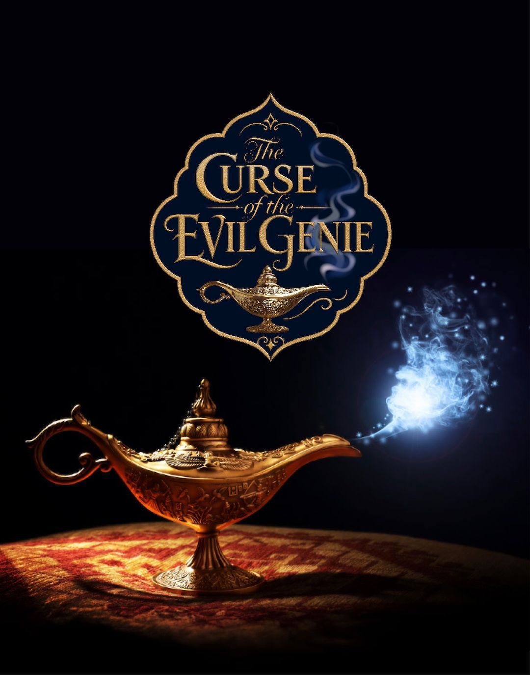 The Curse of Evil Genie image with a glowing gold lamp and blue magical smoke on a dark background