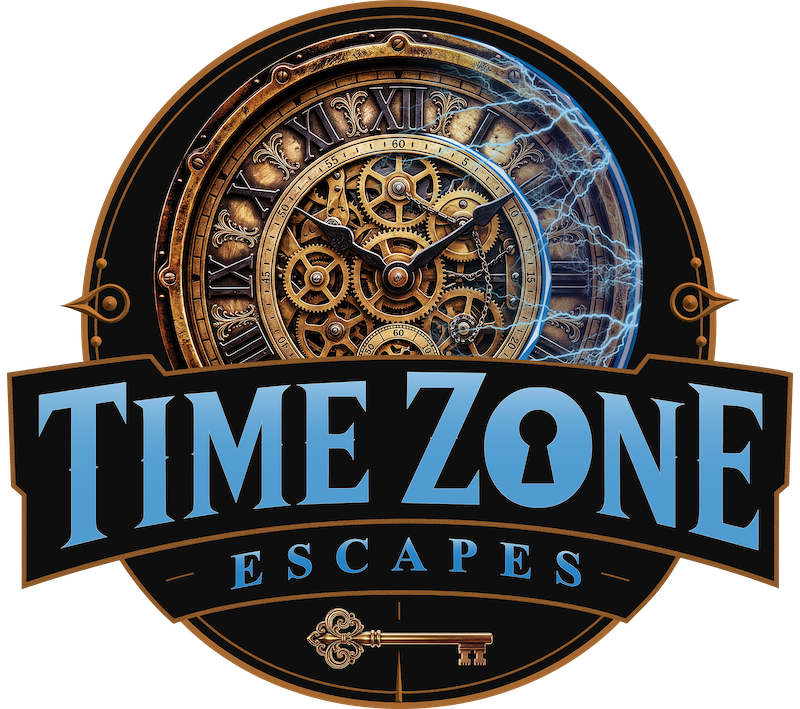 Time Zone Escapes logo with blue text over a gold steampunk clock face and key icon