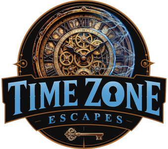 Time Zone Escapes logo with blue text over a gold steampunk clock face and key icon