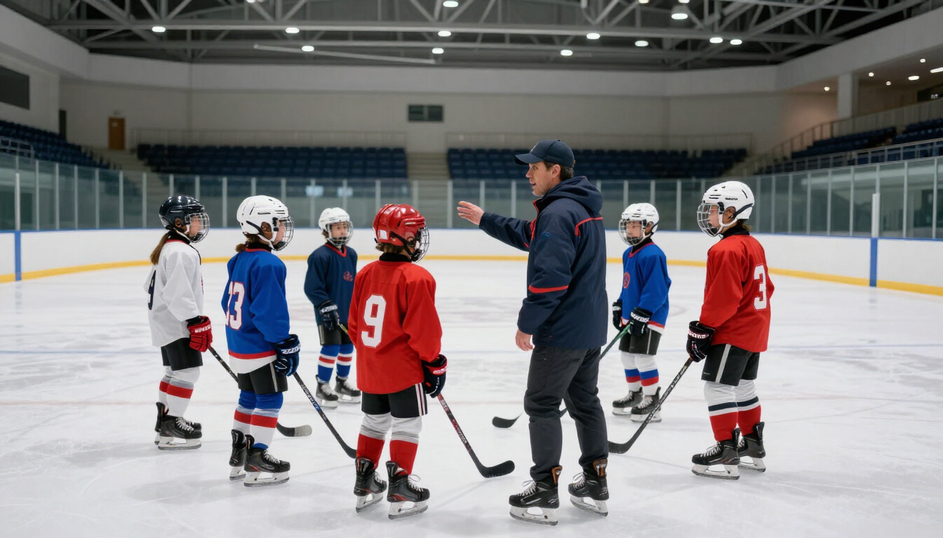 A hockey coach encouraging youth players on the ice in Thunder Bay.