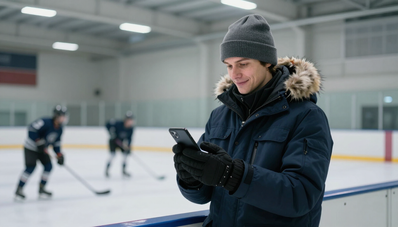 Parent checking phone at rink