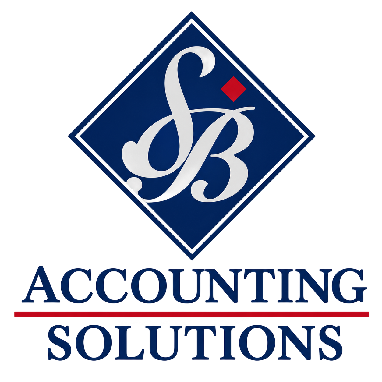 SB Accounting Solutions logo with navy diamond and red accent, blue text on white background