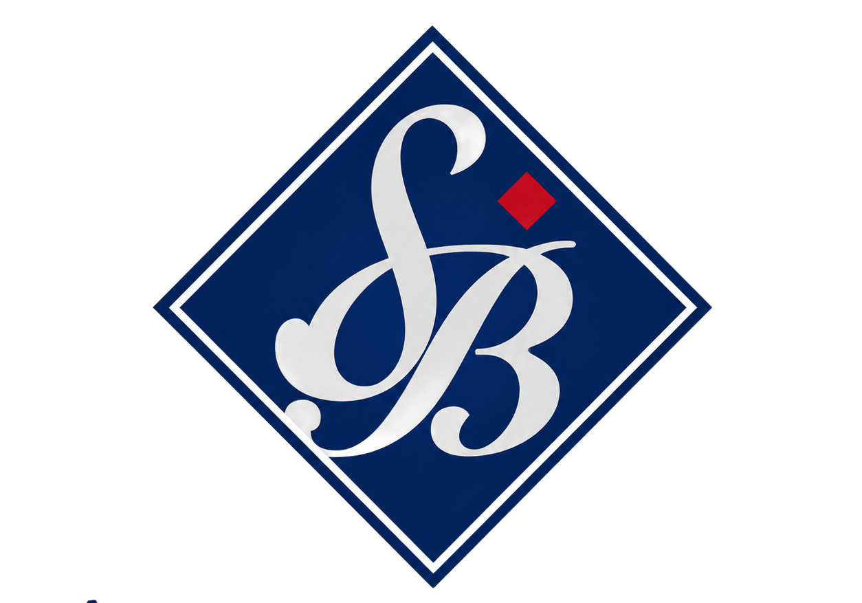 Blue diamond logo with white cursive “SB” letters and a small red accent.