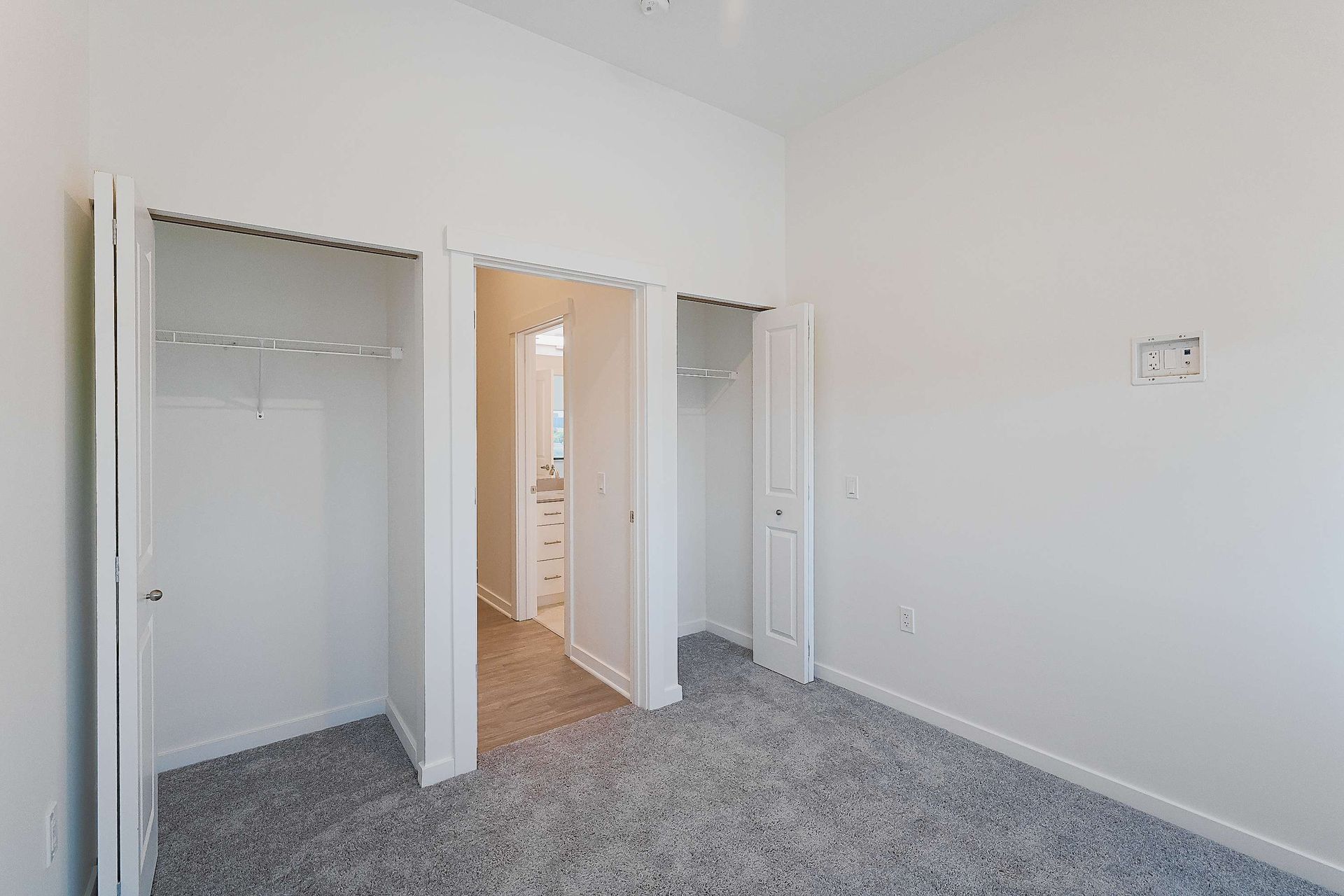 An empty bedroom with a walk in closet and a carpeted floor.
