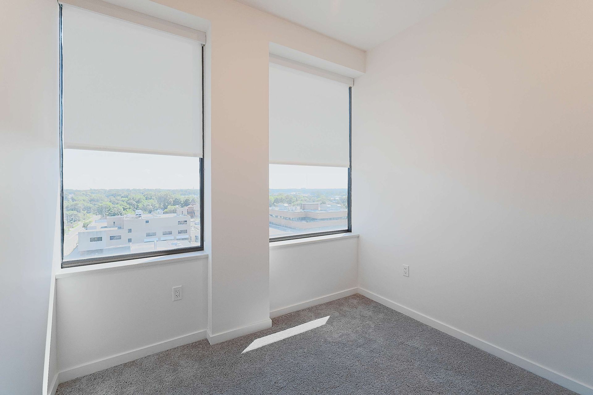 An empty bedroom with two windows and a carpeted floor.