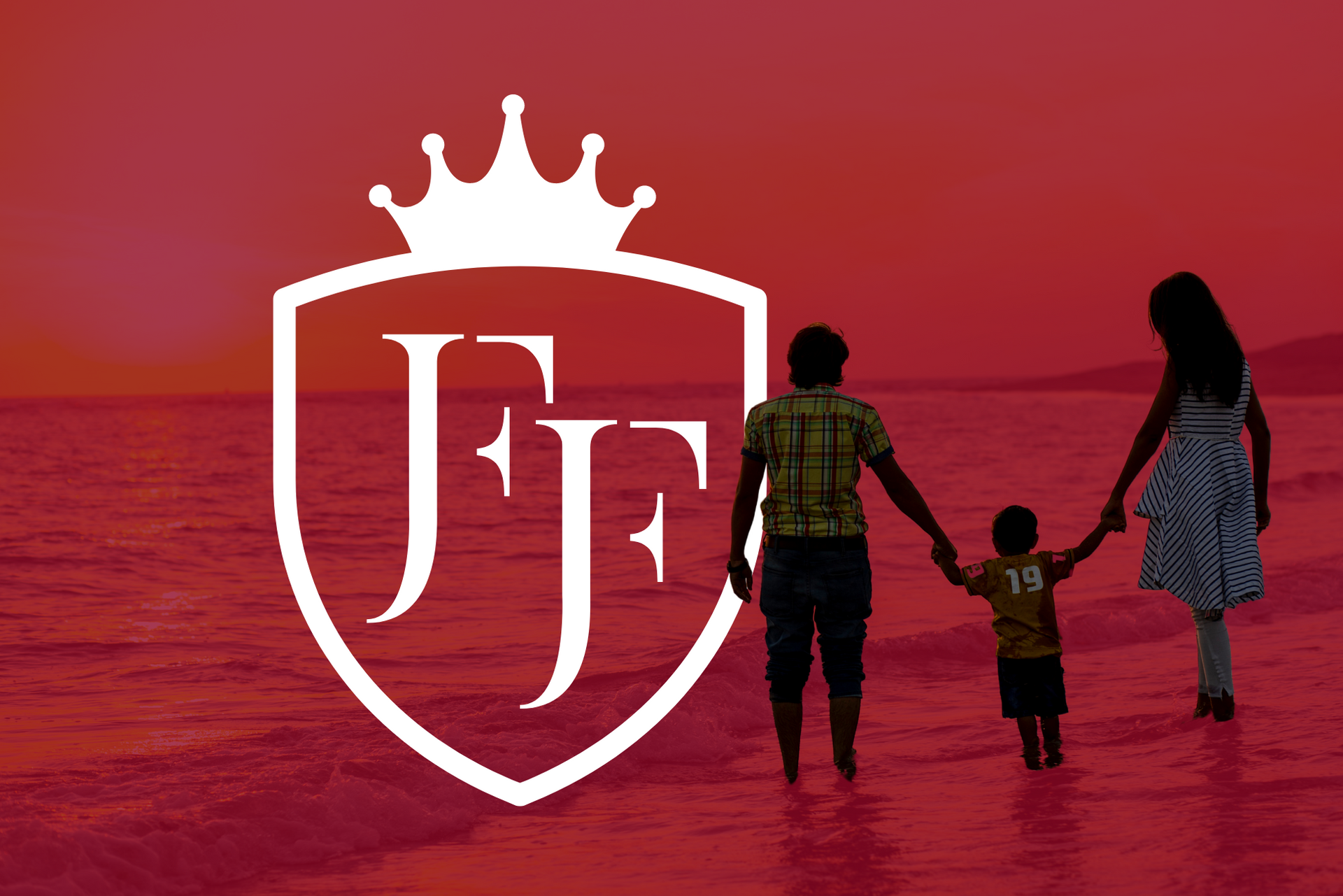 Family at the beach silhouetted against a red sunset, logo with