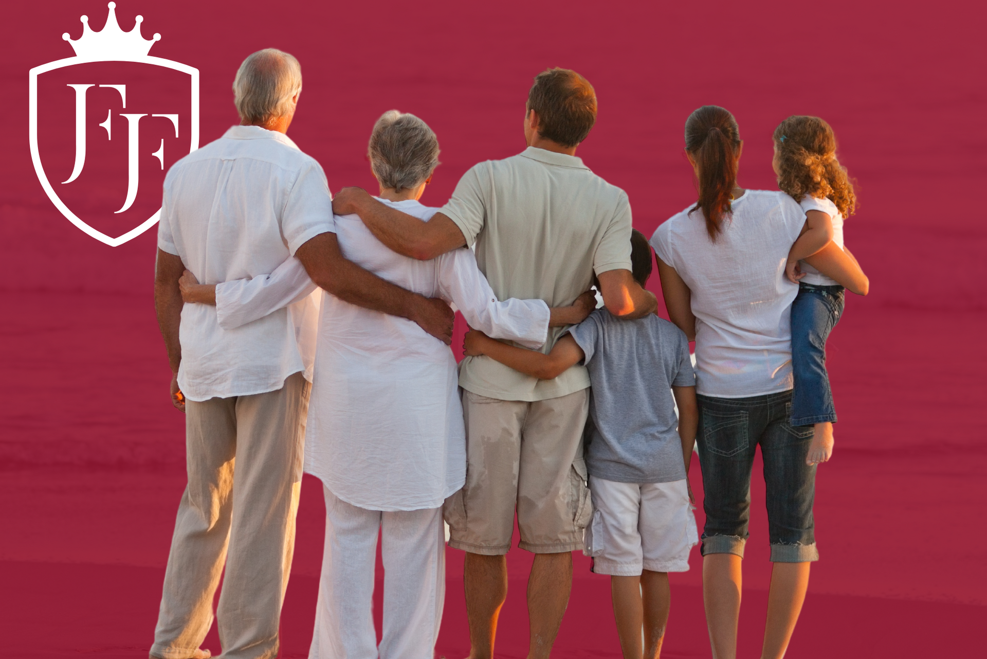 Family embracing, backs to camera, standing together. Red background with white logo.