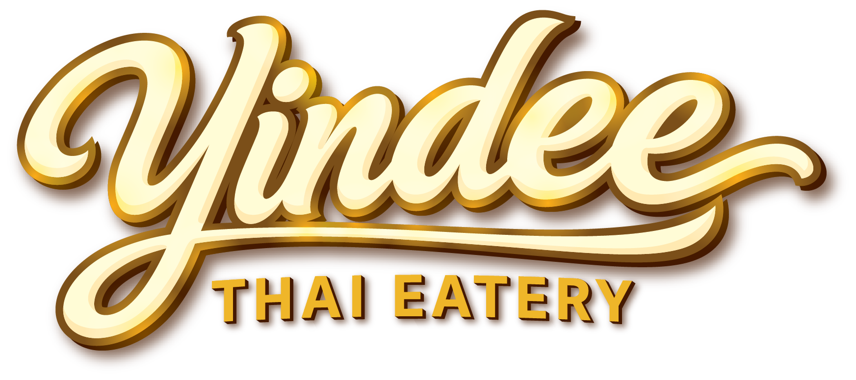 Yindee Thai Eatery logo in gold script with brown outline on a white background