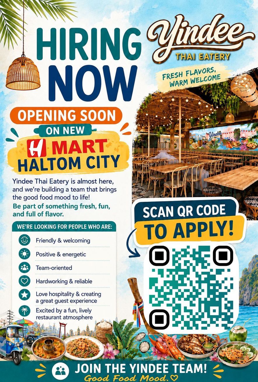 Hiring Now poster for Yindee Thai Eatery in Haltom City with QR code to apply
