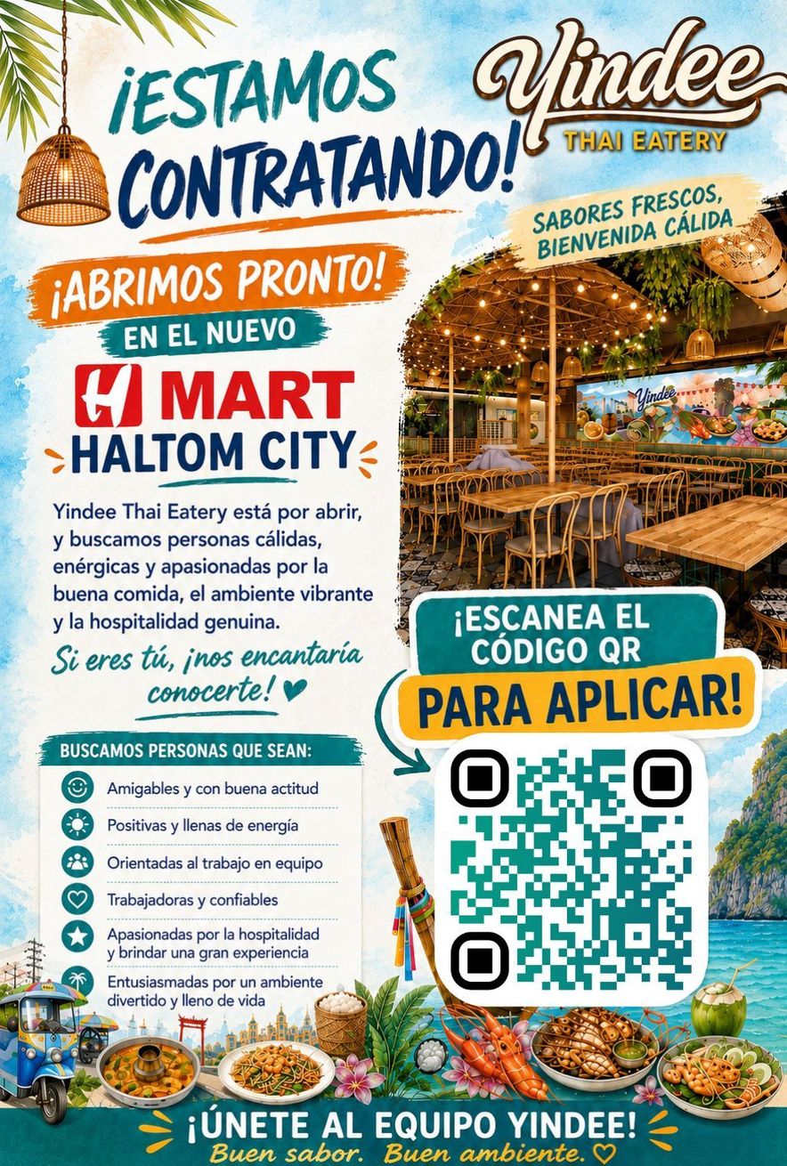 Promotional poster for Yindee hiring at El Mart, with QR code and food photos on a teal and orange background