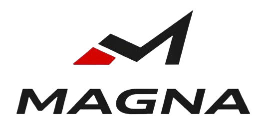 Logotipo de MAGNA con una M estilizada en negro y un detalle rojo sobre fondo blanco