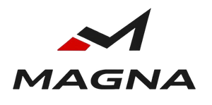 Logotipo de MAGNA con una M estilizada en negro y un detalle rojo sobre fondo blanco