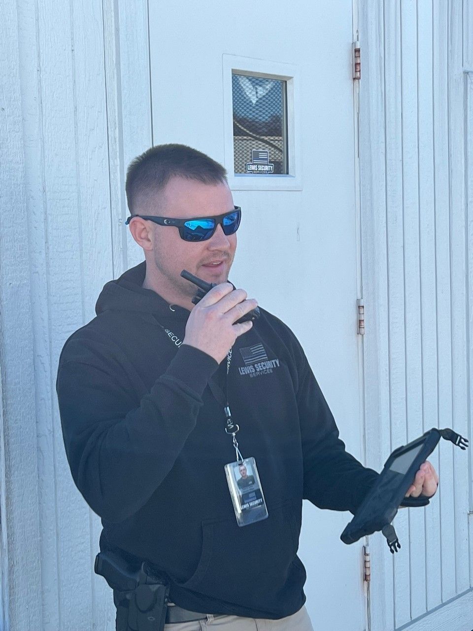 security guard talking on radio