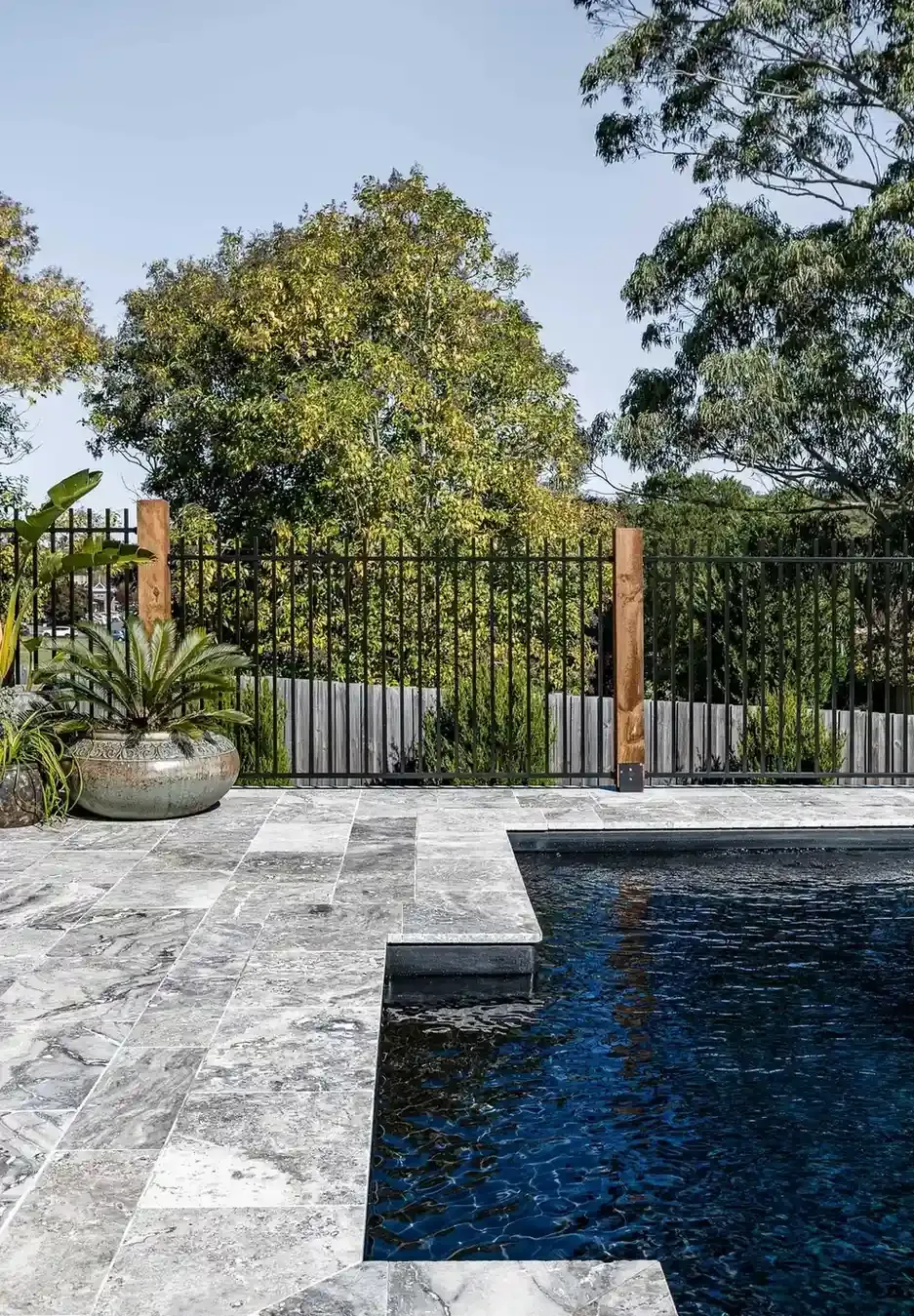 Backyard Pool With Stone Patio, Black Fence, Potted Plant, and Trees Beyond — Billabong Pool Co in Smeaton Grange, NSW