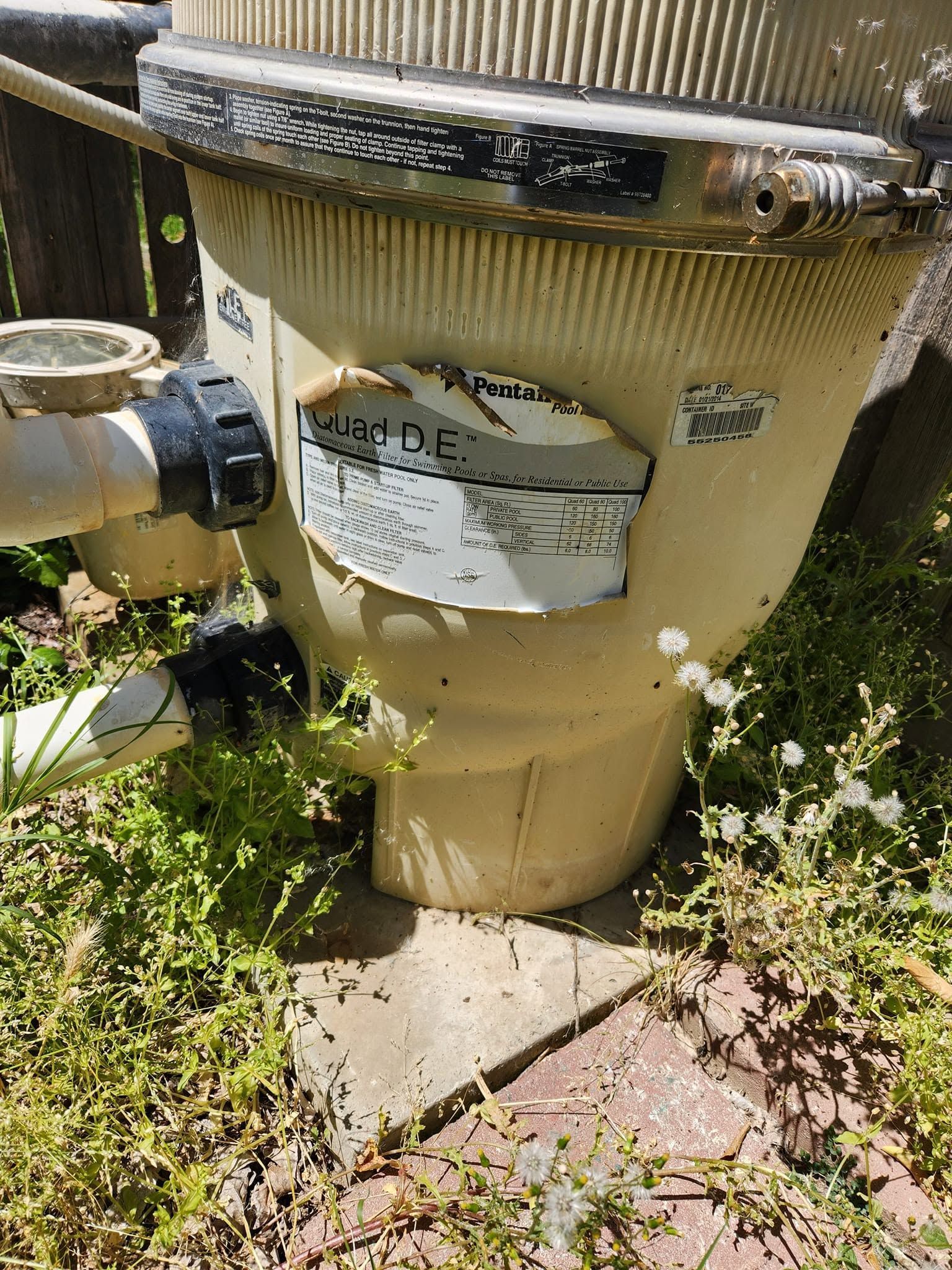 Yellow utility meter housing with pipes and a label, surrounded by weeds and pavement.